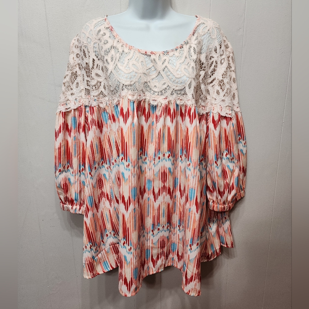 June Vie Blouse 2X 26 - 28 Lace‎ Multicolor Short Sleeve Casual Office Plus C134